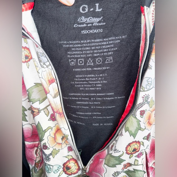 !Ay Guey! Women's Sudadera Full Zip Hoodie Black with Floral Print Hood Sz L - Picture 3 of 3